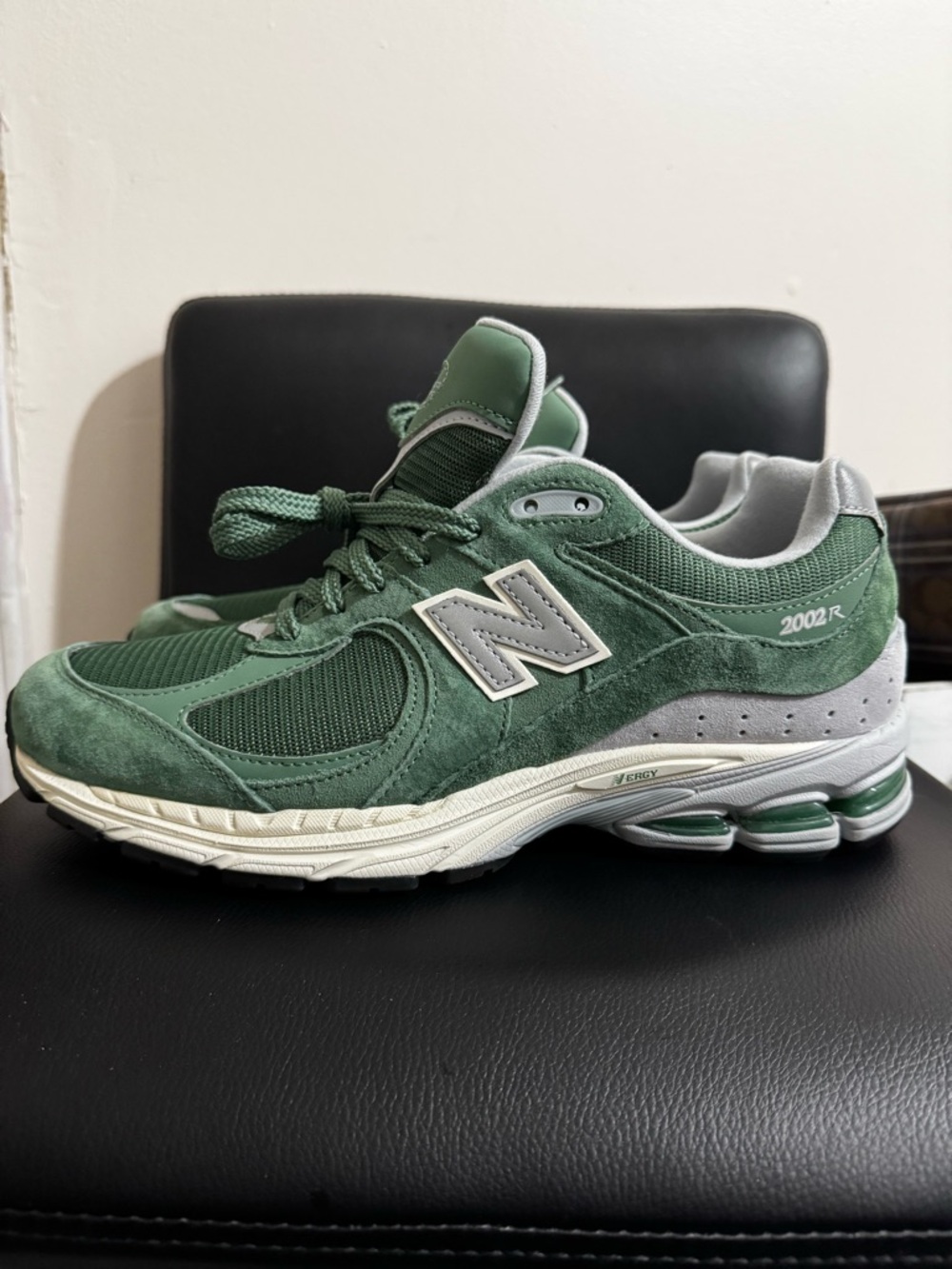 New Balance 2002R Green Suede & Mesh Sneakers with Gray Accents